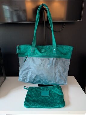 Coach Weekender Green and Light Blue Signature Jacquard Nylon Set